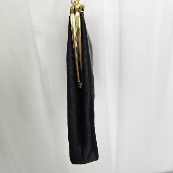 Vintage Coblentz Black Satin  Convertible Clutch Evening Bag Gold Chain Hinge - Picture 3 of 9